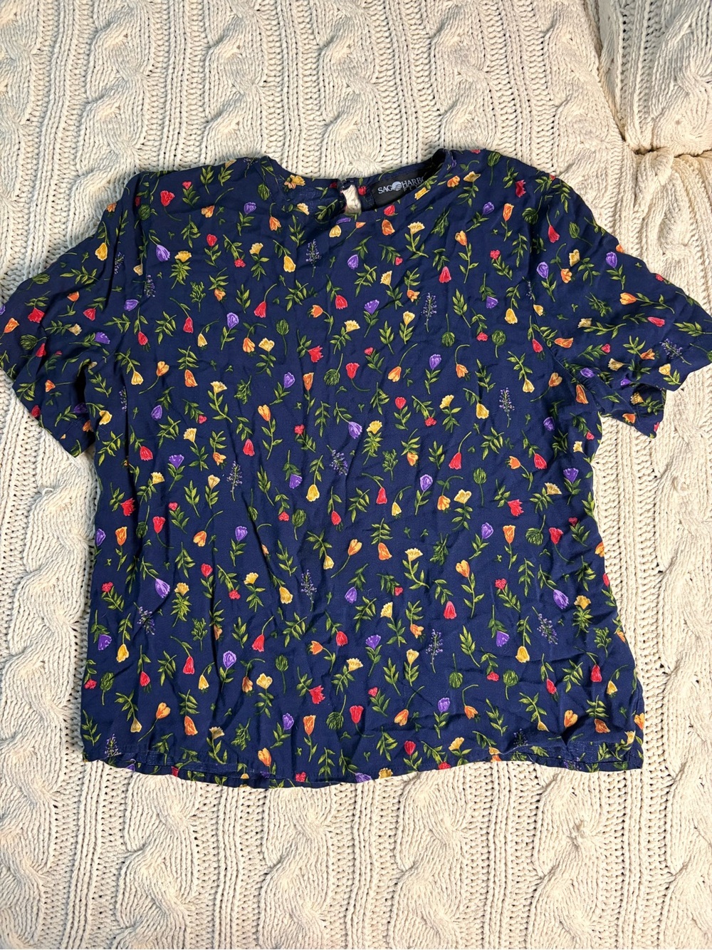Sag Harbor Navy Short Sleeve Blouse with Multicolor Floral Tulips